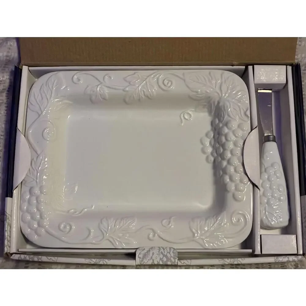 Vintage CIB White Porcelain Cheese Tray with Spreader  Embossed Grapevine Design